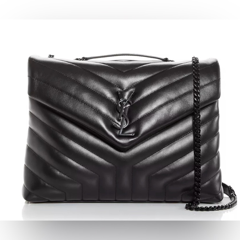 YSL Saint Laurent Loulou Medium Chain Strap Quilted Leather Black Logo Bag